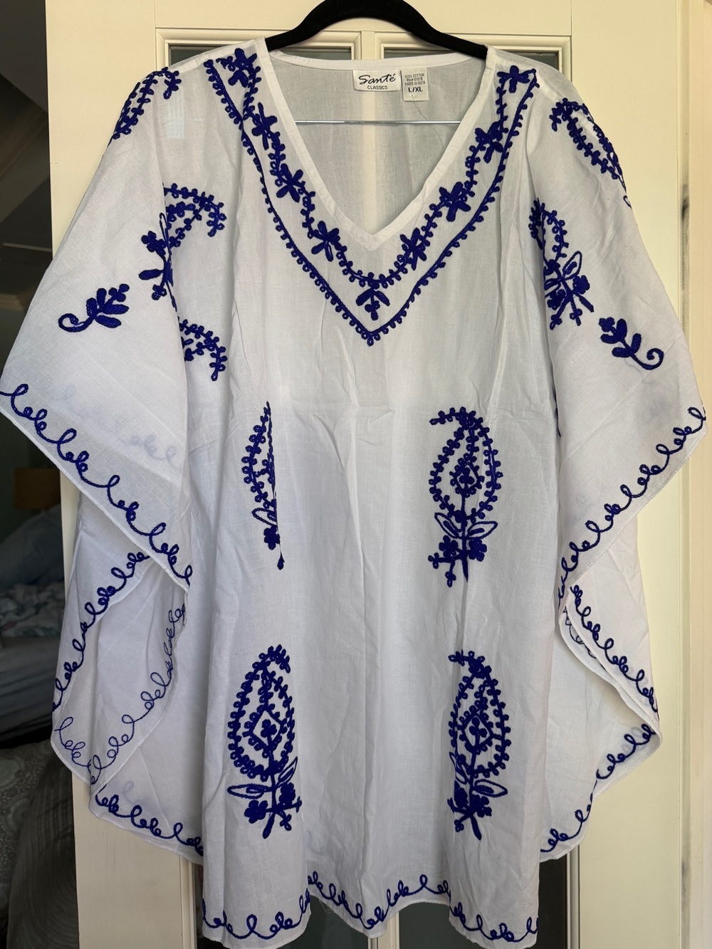 New White Tunic with Blue Embroidered Trim - Women's Flowing Tunic L/XL